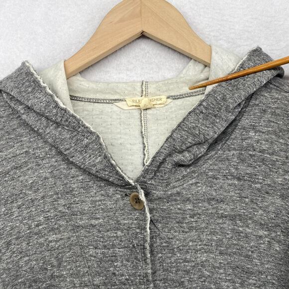 EILEEN FISHER Sweater S Cotton Double Layer Button Up Cardigan Hoodie Gray - Picture 12 of 14